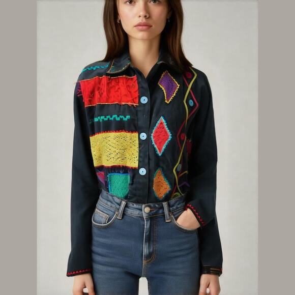 New Directions Black Multicolor Embroidered Stitched Shirt Jacket Women Sz M - Picture 1 of 15